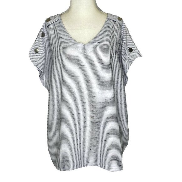 Jones New York Womens XL Short Sleeve V Neck Popover Top Ivory Navy Textured NEW - Picture 1 of 6